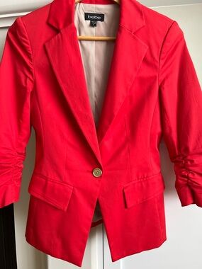 bebe Bright Red Single-Button Ruched-Sleeve Blazer
